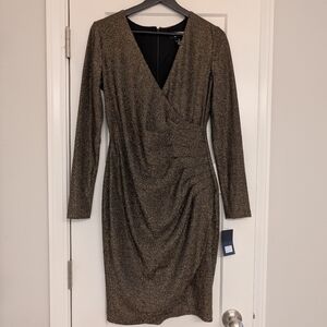 DKNY Elegant Black Gold Long Sleeve Dress Faux Wrap NWT $139 Slight Imperfection